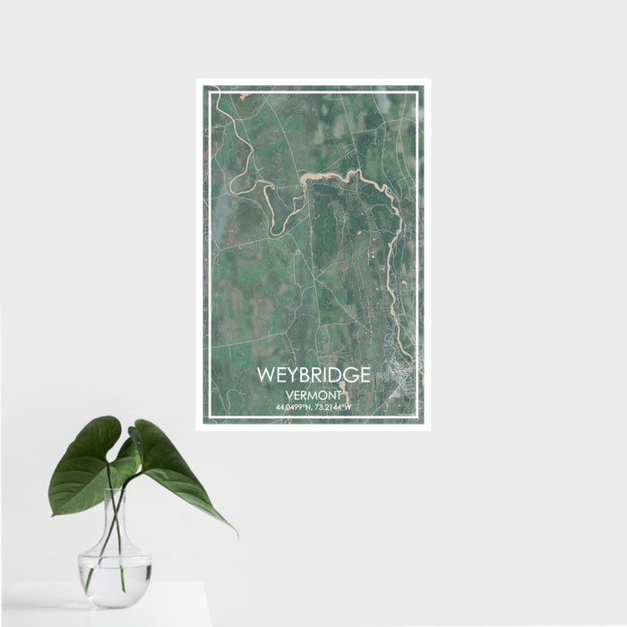 16x24 Weybridge Vermont Map Print Portrait Orientation in Afternoon Style With Tropical Plant Leaves in Water
