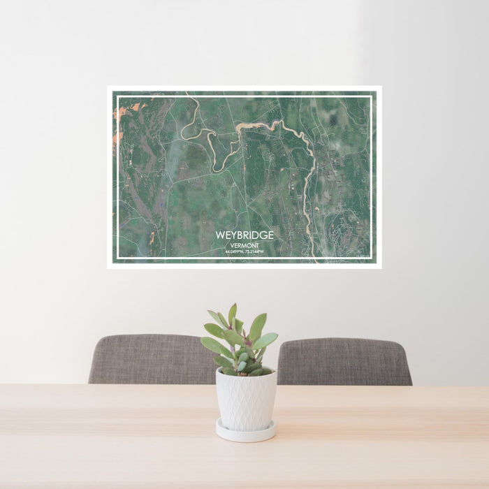 24x36 Weybridge Vermont Map Print Lanscape Orientation in Afternoon Style Behind 2 Chairs Table and Potted Plant
