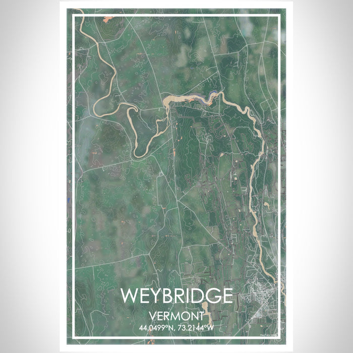 Weybridge Vermont Map Print Portrait Orientation in Afternoon Style With Shaded Background