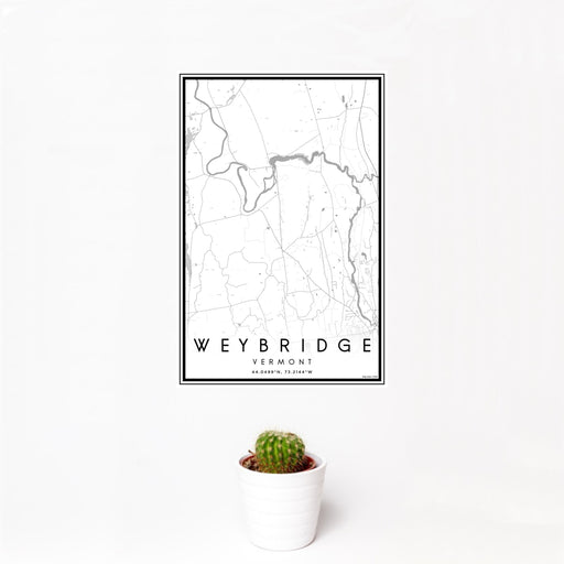 12x18 Weybridge Vermont Map Print Portrait Orientation in Classic Style With Small Cactus Plant in White Planter