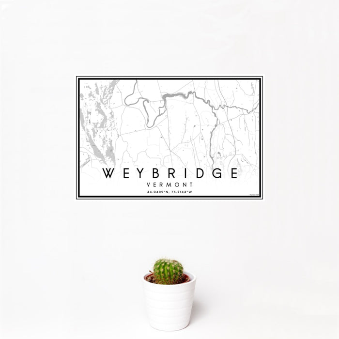 12x18 Weybridge Vermont Map Print Landscape Orientation in Classic Style With Small Cactus Plant in White Planter
