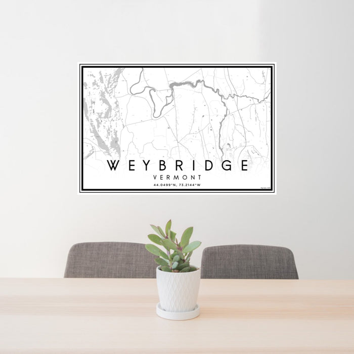 24x36 Weybridge Vermont Map Print Landscape Orientation in Classic Style Behind 2 Chairs Table and Potted Plant