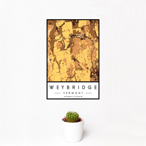 12x18 Weybridge Vermont Map Print Portrait Orientation in Ember Style With Small Cactus Plant in White Planter