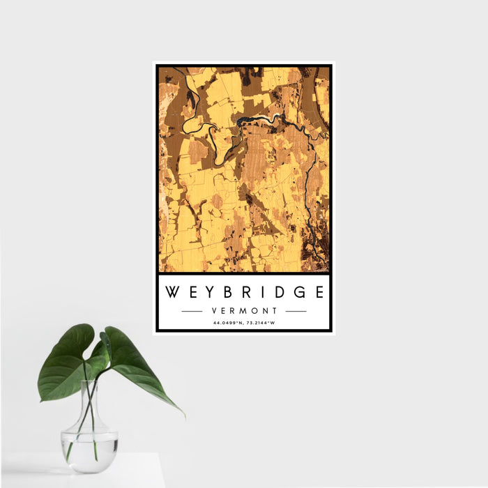 16x24 Weybridge Vermont Map Print Portrait Orientation in Ember Style With Tropical Plant Leaves in Water