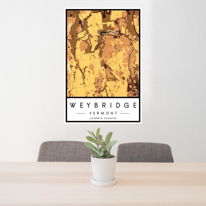 24x36 Weybridge Vermont Map Print Portrait Orientation in Ember Style Behind 2 Chairs Table and Potted Plant