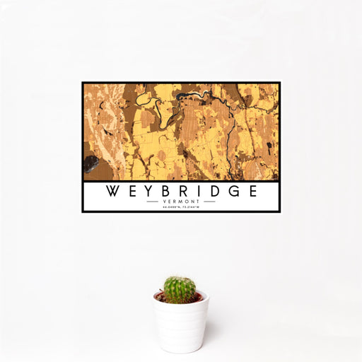 12x18 Weybridge Vermont Map Print Landscape Orientation in Ember Style With Small Cactus Plant in White Planter