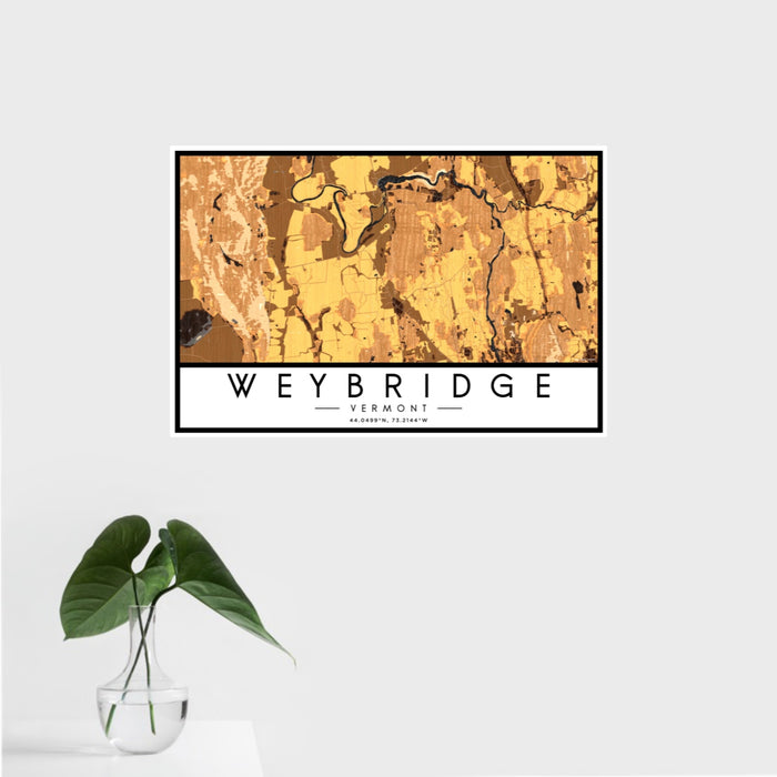 16x24 Weybridge Vermont Map Print Landscape Orientation in Ember Style With Tropical Plant Leaves in Water