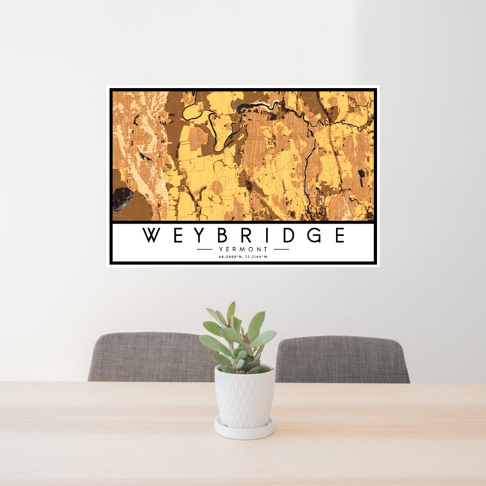 24x36 Weybridge Vermont Map Print Landscape Orientation in Ember Style Behind 2 Chairs Table and Potted Plant