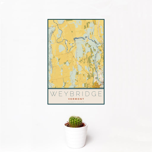 12x18 Weybridge Vermont Map Print Portrait Orientation in Woodblock Style With Small Cactus Plant in White Planter