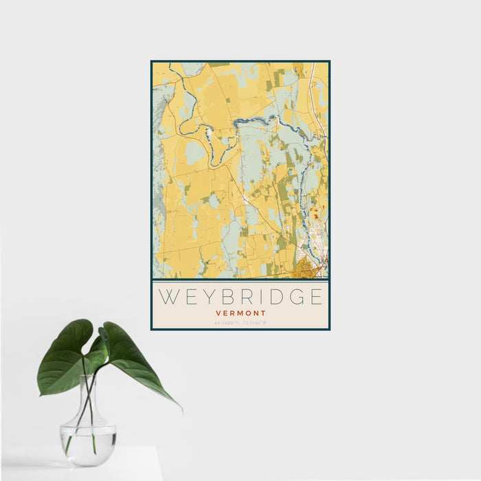 16x24 Weybridge Vermont Map Print Portrait Orientation in Woodblock Style With Tropical Plant Leaves in Water