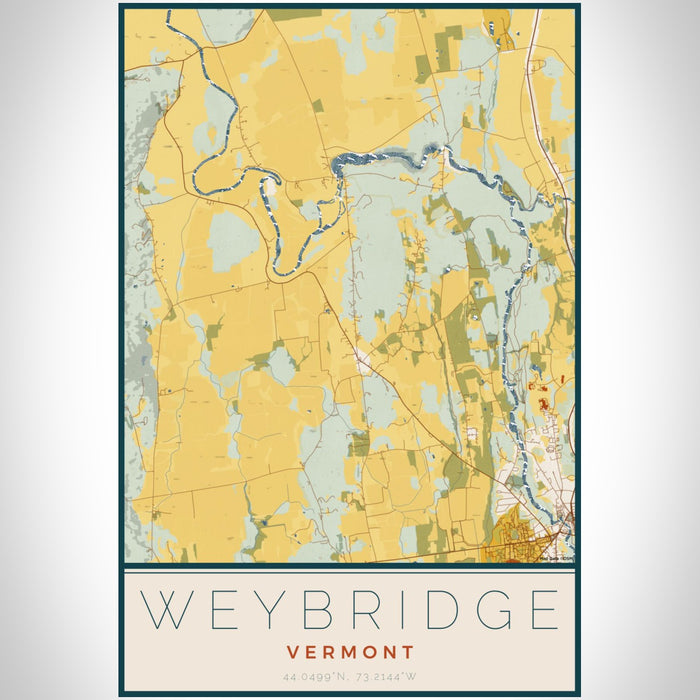 Weybridge Vermont Map Print Portrait Orientation in Woodblock Style With Shaded Background