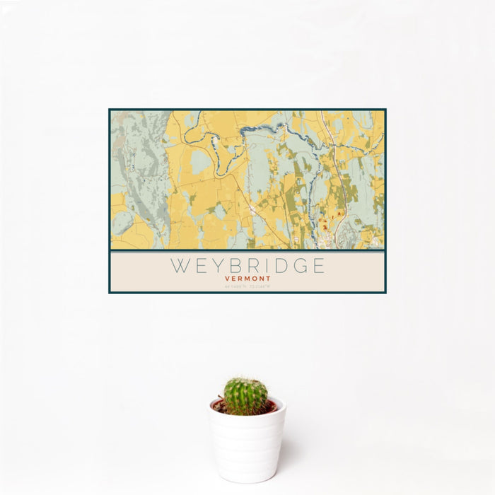 12x18 Weybridge Vermont Map Print Landscape Orientation in Woodblock Style With Small Cactus Plant in White Planter
