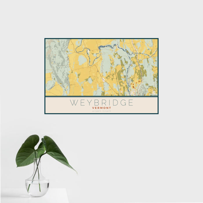 16x24 Weybridge Vermont Map Print Landscape Orientation in Woodblock Style With Tropical Plant Leaves in Water