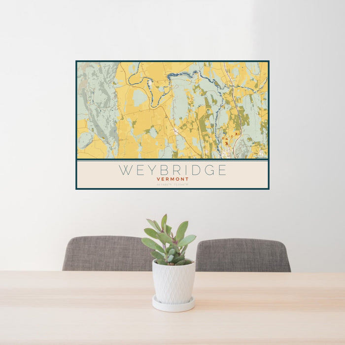24x36 Weybridge Vermont Map Print Landscape Orientation in Woodblock Style Behind 2 Chairs Table and Potted Plant