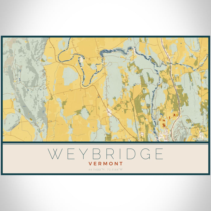Weybridge Vermont Map Print Landscape Orientation in Woodblock Style With Shaded Background