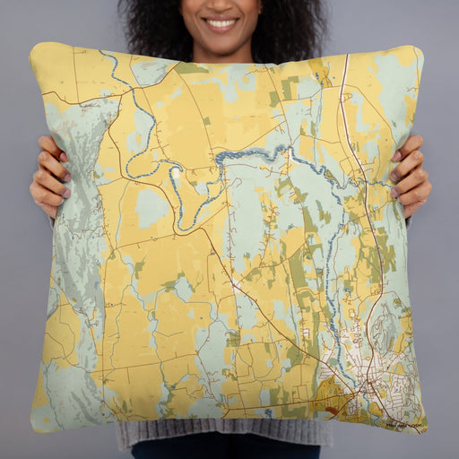 Person holding 22x22 Custom Weybridge Vermont Map Throw Pillow in Woodblock