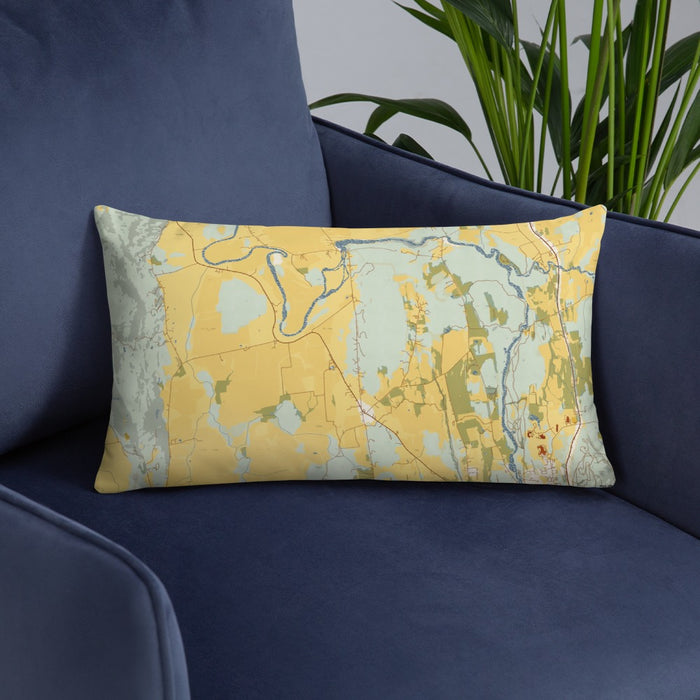 Custom Weybridge Vermont Map Throw Pillow in Woodblock on Blue Colored Chair
