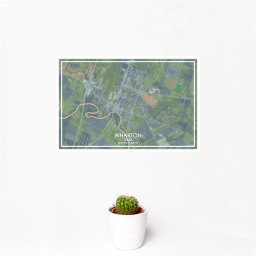 12x18 Wharton Texas Map Print Landscape Orientation in Afternoon Style With Small Cactus Plant in White Planter