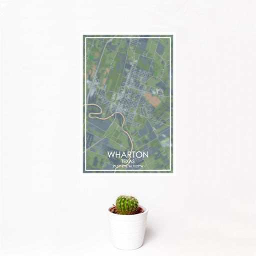 12x18 Wharton Texas Map Print Portrait Orientation in Afternoon Style With Small Cactus Plant in White Planter