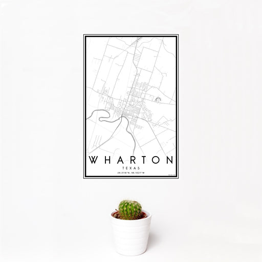 12x18 Wharton Texas Map Print Portrait Orientation in Classic Style With Small Cactus Plant in White Planter