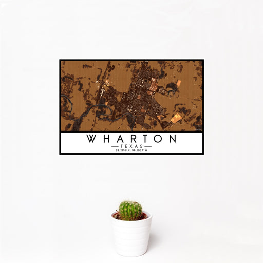 12x18 Wharton Texas Map Print Landscape Orientation in Ember Style With Small Cactus Plant in White Planter