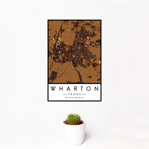 12x18 Wharton Texas Map Print Portrait Orientation in Ember Style With Small Cactus Plant in White Planter