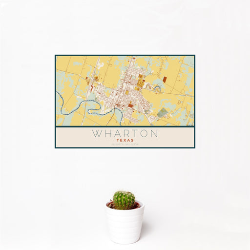 12x18 Wharton Texas Map Print Landscape Orientation in Woodblock Style With Small Cactus Plant in White Planter