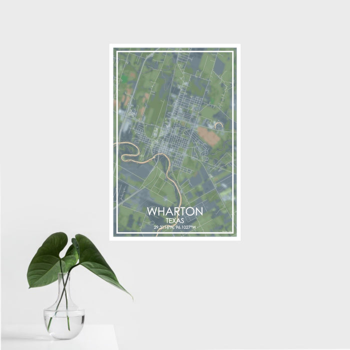 16x24 Wharton Texas Map Print Portrait Orientation in Afternoon Style With Tropical Plant Leaves in Water
