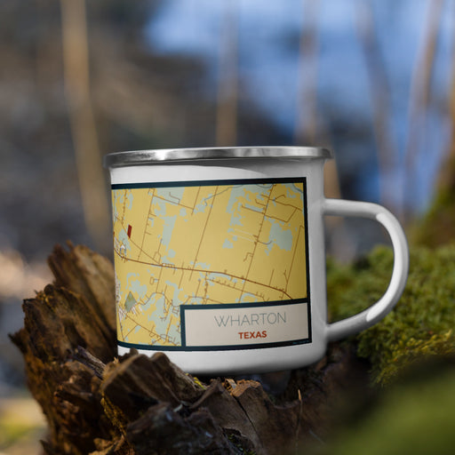 Right View Custom Wharton Texas Map Enamel Mug in Woodblock on Grass With Trees in Background