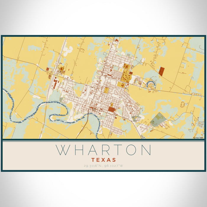 Wharton Texas Map Print Landscape Orientation in Woodblock Style With Shaded Background