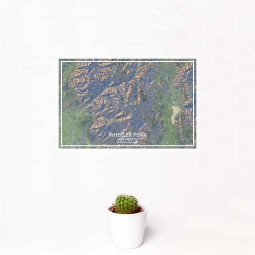12x18 Wheeler Peak New Mexico Map Print Landscape Orientation in Afternoon Style With Small Cactus Plant in White Planter