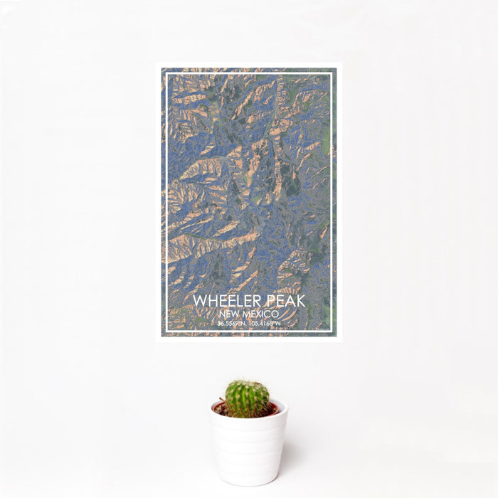 12x18 Wheeler Peak New Mexico Map Print Portrait Orientation in Afternoon Style With Small Cactus Plant in White Planter