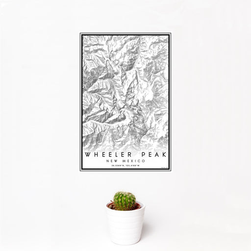 12x18 Wheeler Peak New Mexico Map Print Portrait Orientation in Classic Style With Small Cactus Plant in White Planter