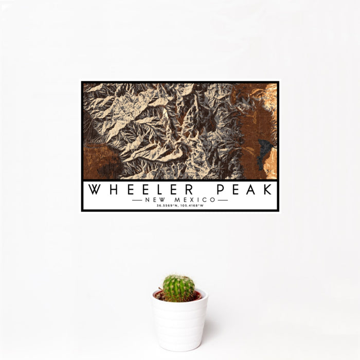 12x18 Wheeler Peak New Mexico Map Print Landscape Orientation in Ember Style With Small Cactus Plant in White Planter