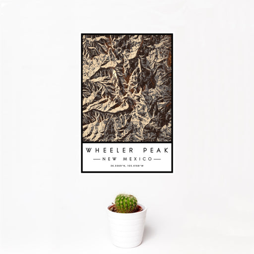 12x18 Wheeler Peak New Mexico Map Print Portrait Orientation in Ember Style With Small Cactus Plant in White Planter