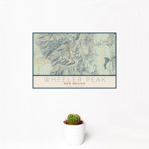 12x18 Wheeler Peak New Mexico Map Print Landscape Orientation in Woodblock Style With Small Cactus Plant in White Planter