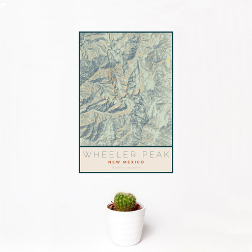 12x18 Wheeler Peak New Mexico Map Print Portrait Orientation in Woodblock Style With Small Cactus Plant in White Planter