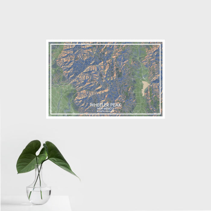 16x24 Wheeler Peak New Mexico Map Print Landscape Orientation in Afternoon Style With Tropical Plant Leaves in Water