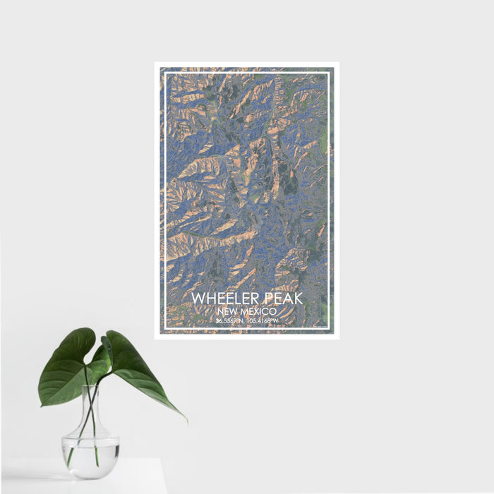 16x24 Wheeler Peak New Mexico Map Print Portrait Orientation in Afternoon Style With Tropical Plant Leaves in Water