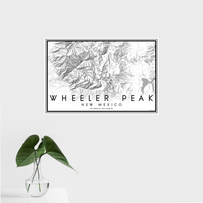 16x24 Wheeler Peak New Mexico Map Print Landscape Orientation in Classic Style With Tropical Plant Leaves in Water