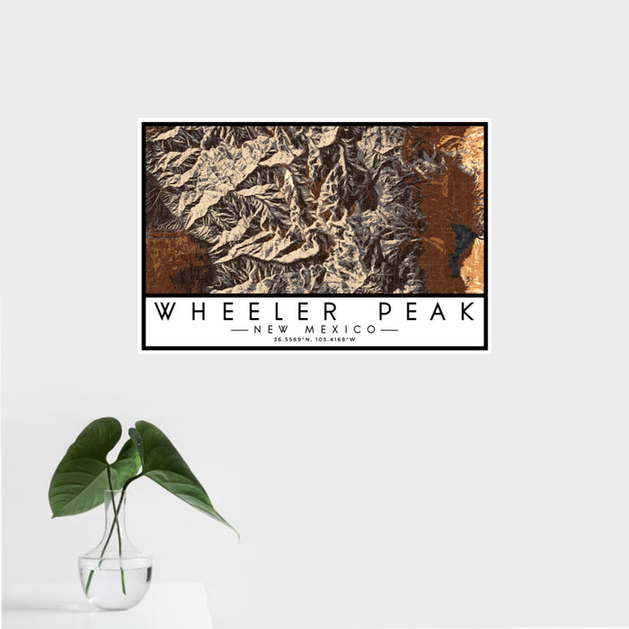 16x24 Wheeler Peak New Mexico Map Print Landscape Orientation in Ember Style With Tropical Plant Leaves in Water