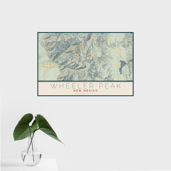 16x24 Wheeler Peak New Mexico Map Print Landscape Orientation in Woodblock Style With Tropical Plant Leaves in Water