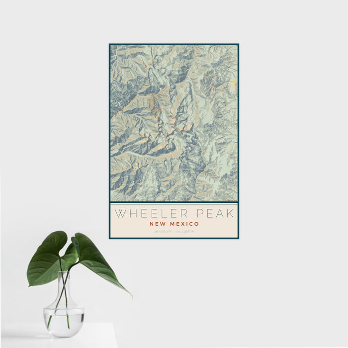 16x24 Wheeler Peak New Mexico Map Print Portrait Orientation in Woodblock Style With Tropical Plant Leaves in Water
