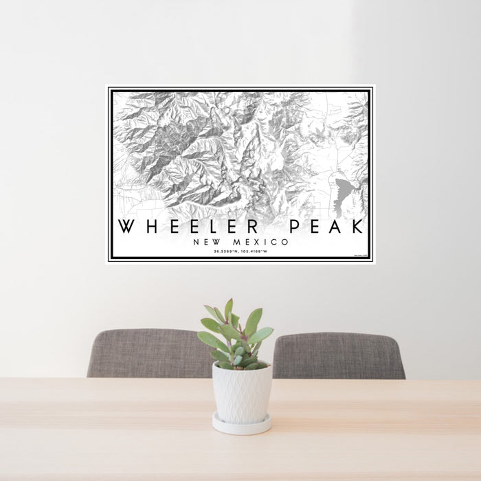 24x36 Wheeler Peak New Mexico Map Print Lanscape Orientation in Classic Style Behind 2 Chairs Table and Potted Plant
