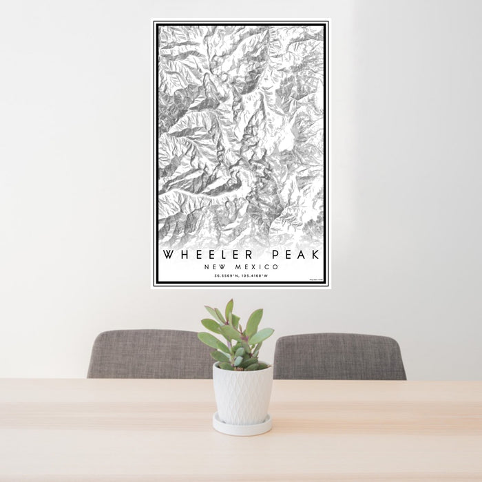 24x36 Wheeler Peak New Mexico Map Print Portrait Orientation in Classic Style Behind 2 Chairs Table and Potted Plant