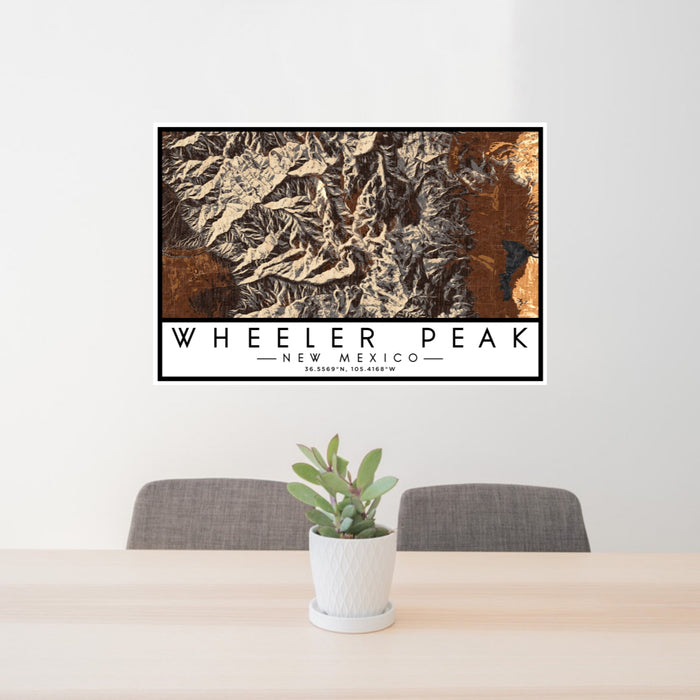 24x36 Wheeler Peak New Mexico Map Print Lanscape Orientation in Ember Style Behind 2 Chairs Table and Potted Plant