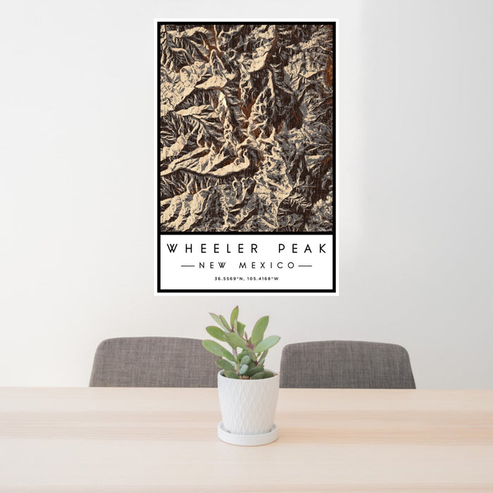 24x36 Wheeler Peak New Mexico Map Print Portrait Orientation in Ember Style Behind 2 Chairs Table and Potted Plant