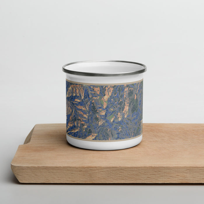Front View Custom Wheeler Peak New Mexico Map Enamel Mug in Afternoon on Cutting Board