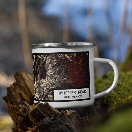 Right View Custom Wheeler Peak New Mexico Map Enamel Mug in Ember on Grass With Trees in Background