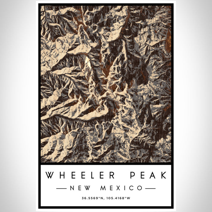 Wheeler Peak New Mexico Map Print Portrait Orientation in Ember Style With Shaded Background